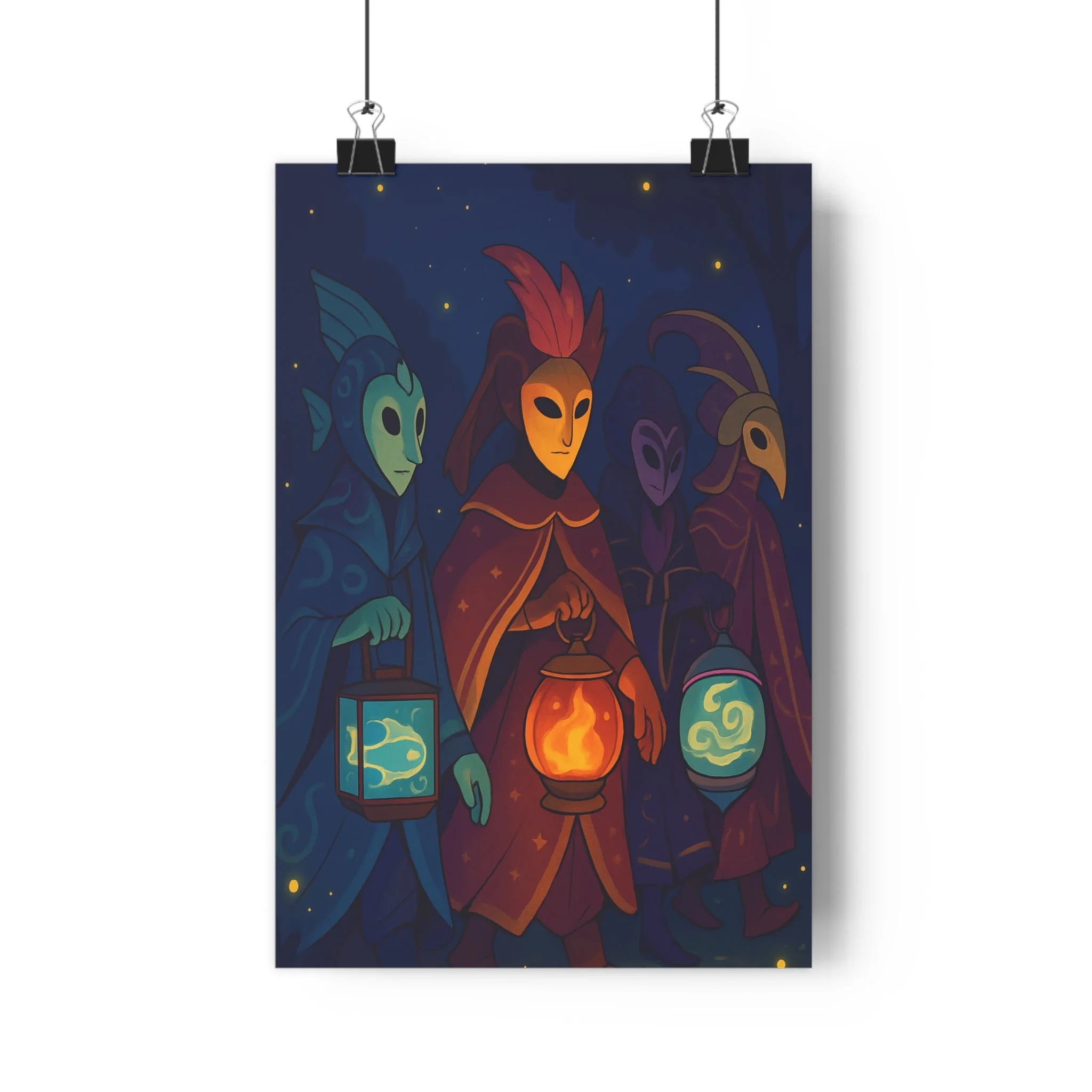 Poster décoratif mystique bleu orange personnages capes masques salon chambre enchanté lumineux ambiance qualité