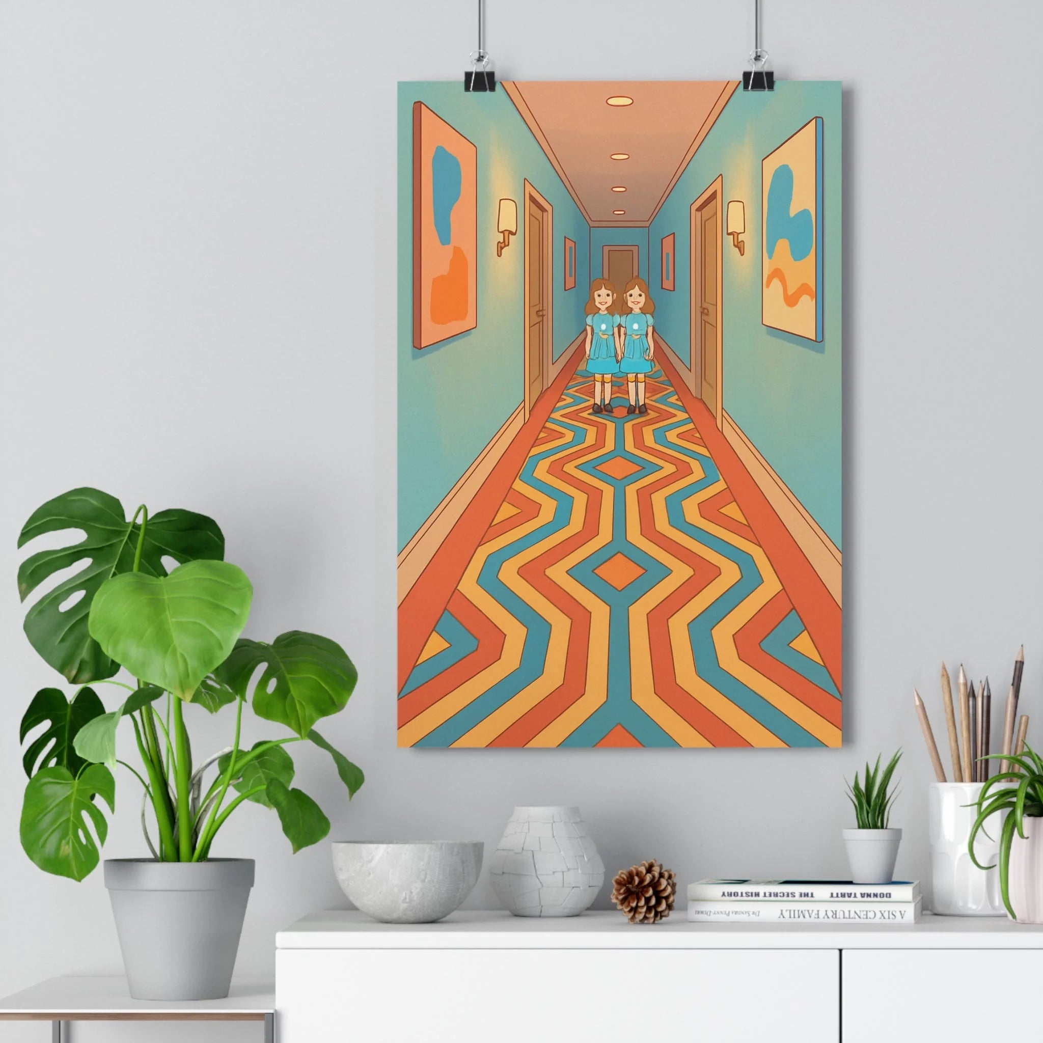 Poster décoratif anime surréaliste bleu orange rouge couloir enfant mystique tableau coloré unique artistique