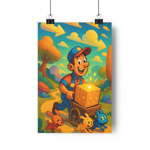 Poster joyeux livreur animaux colorés chiens chat paysage champêtre arbres collines ciel bleu nuages jaunes couleurs vives style cartoon ambiance