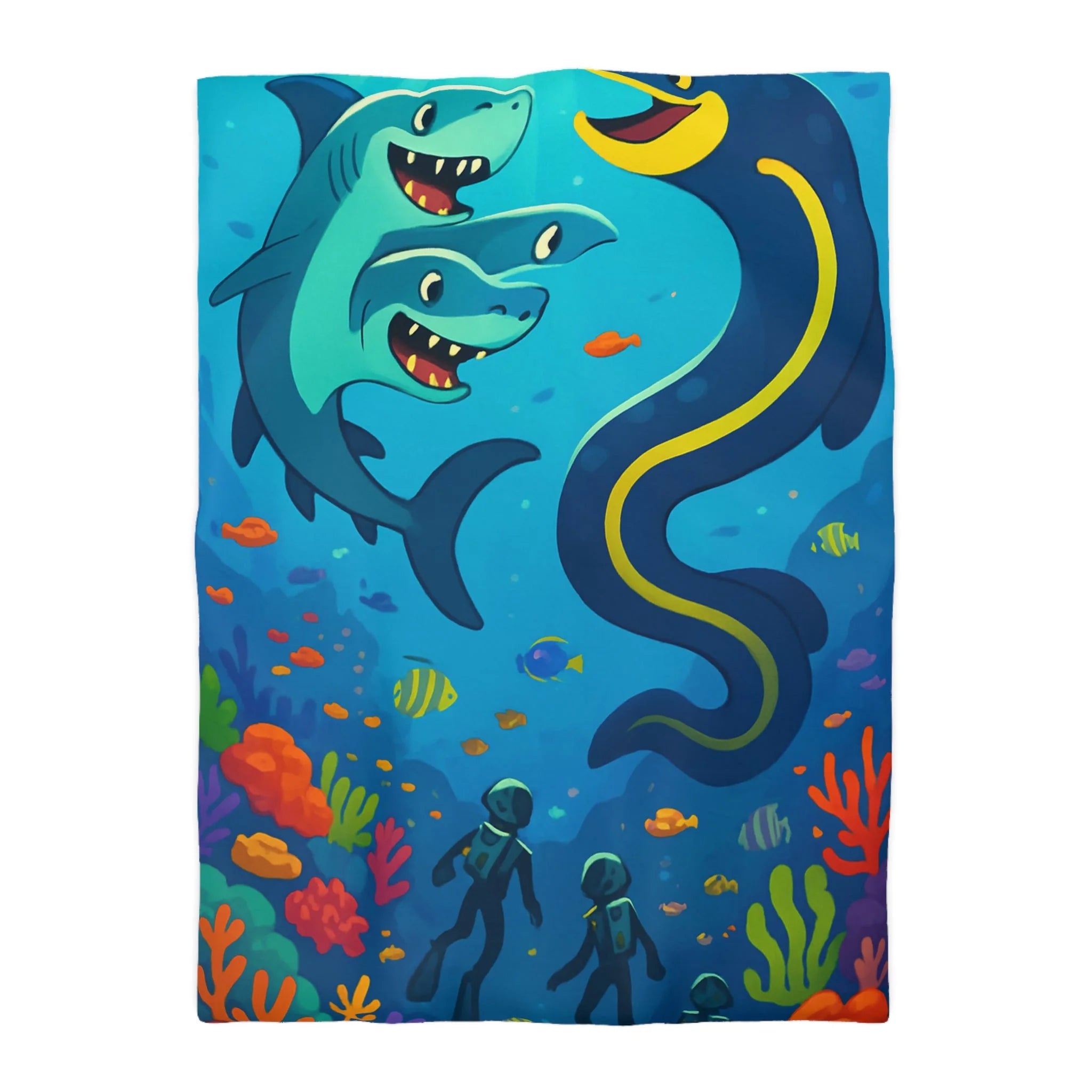 Housse de couette océan vibrante avec requins amicaux et plongeurs explorateurs