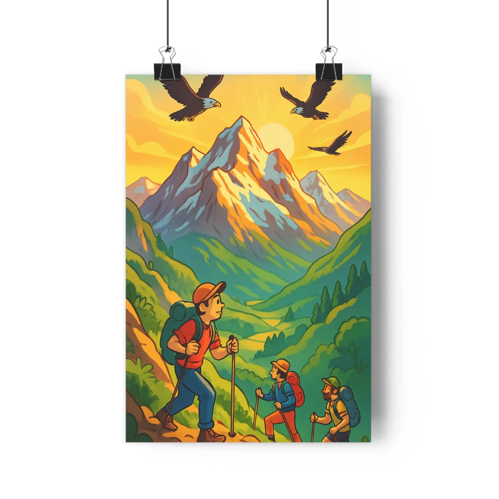 Poster décoratif aventure montagnes vert bleu cartoon dynamique salon bureau inspirant paysage nature qualité