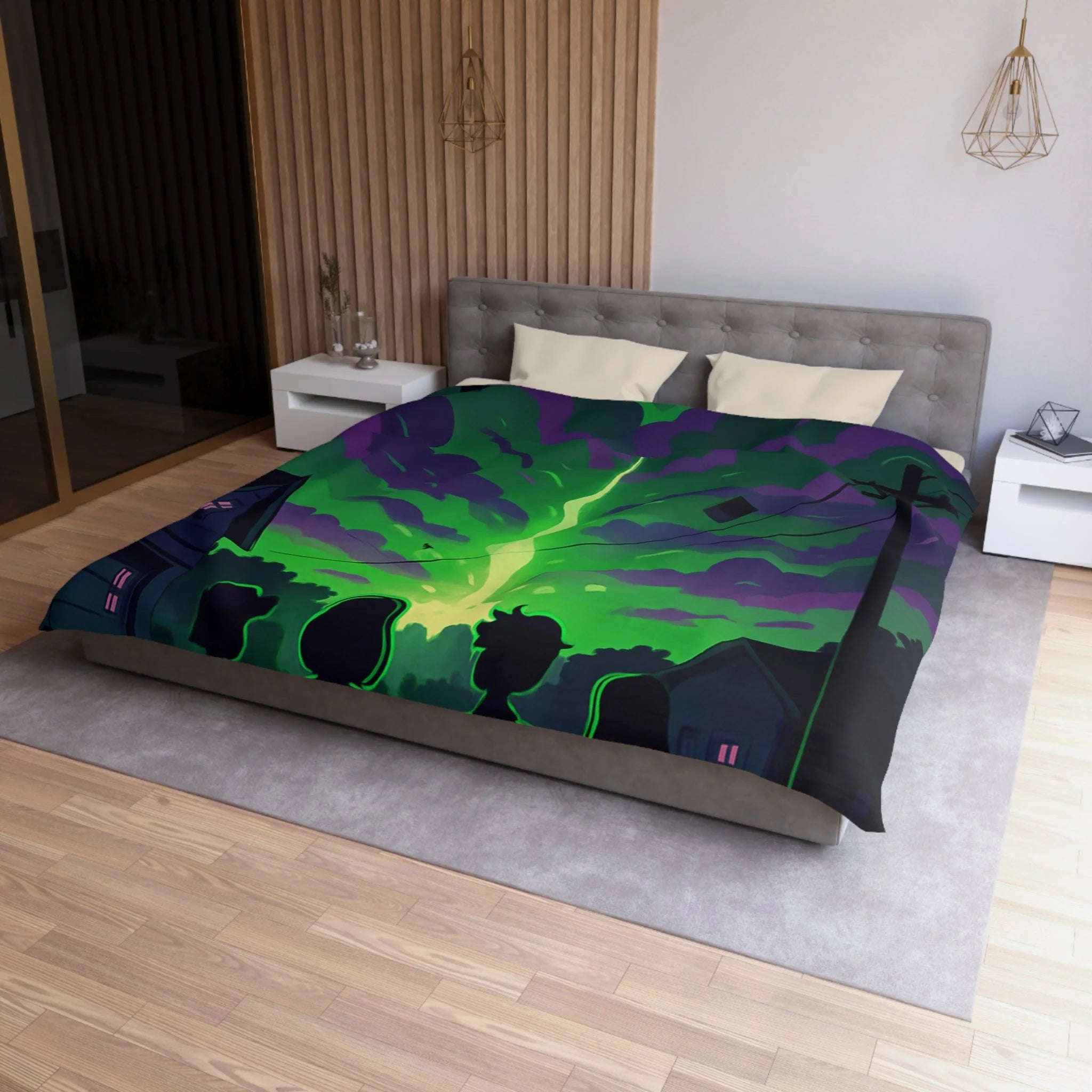Housse de couette pour chambre avec ciel nocturne mystérieux et silhouettes d'enfants