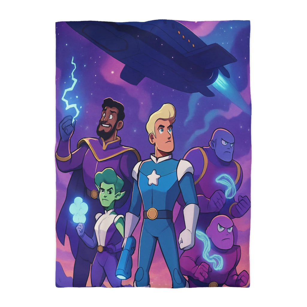 Housse de couette spatiale avec héroïques personnages animés sous vaisseau intergalactique étoilé