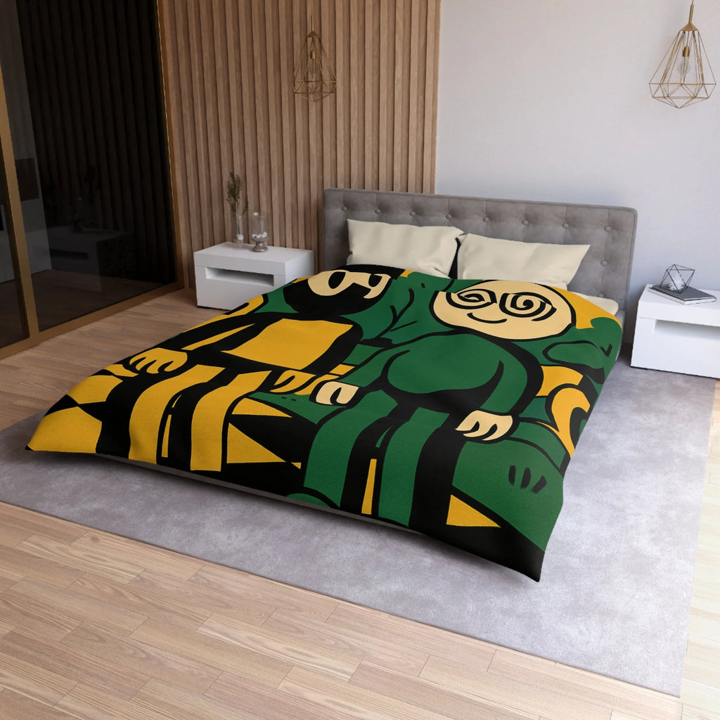 Housse de couette style pop-art cartoon avec personnages et paysage graphique original