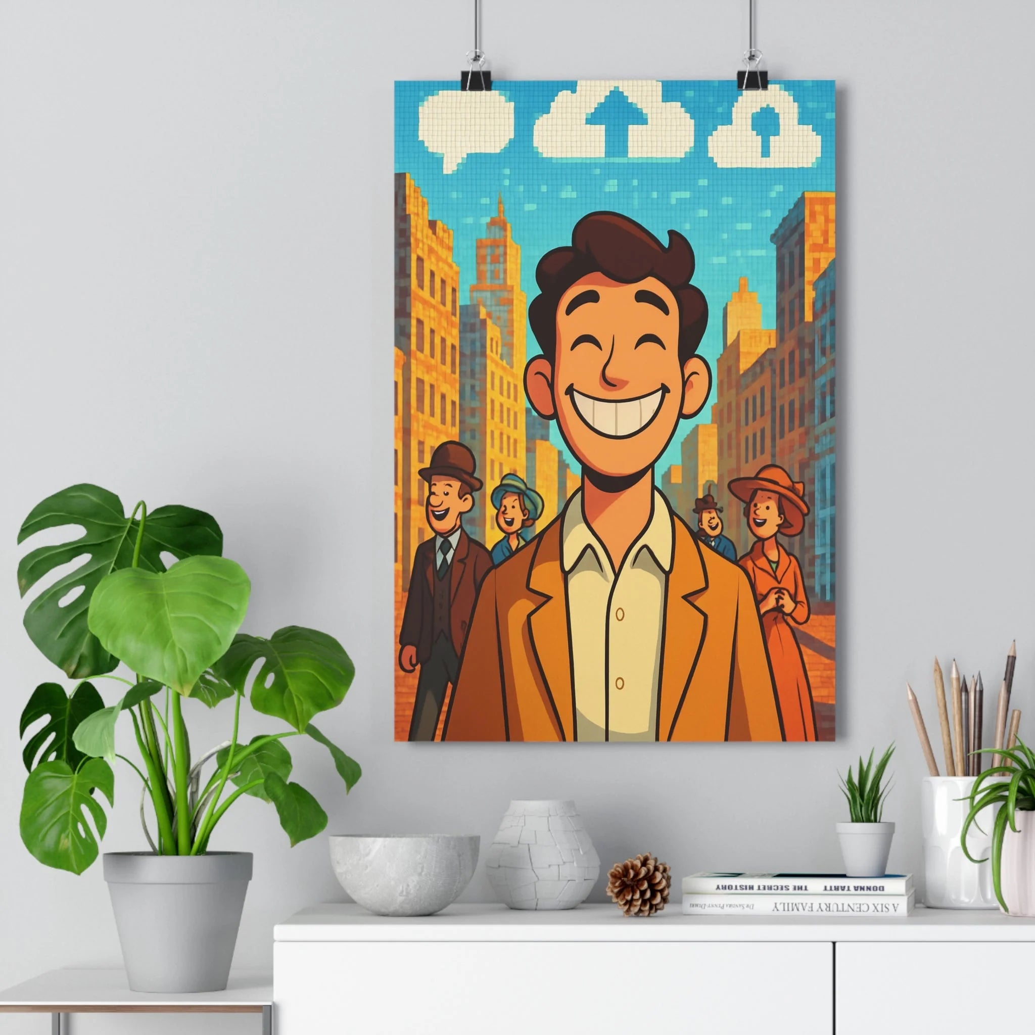 Poster décoratif cartoon futuriste optimiste rétro urbain couleurs vives bleu salon chambre bureau unique
