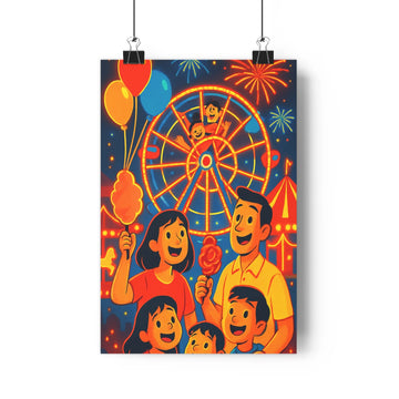 Poster décoratif fête foraine joyeuse famille enfants chambre ambiance lumineuse rouge jaune bleu qualité