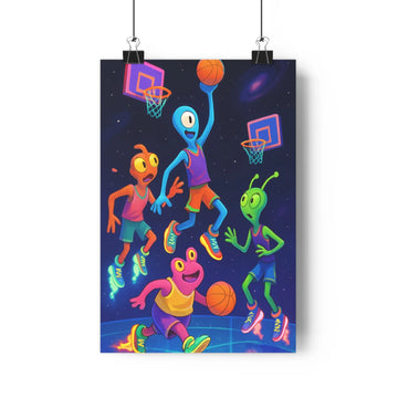 Poster extraterrestres basketteurs nuit étoiles paniers flottants bleu rouge vert orange simple joyeux dynamique festive chambre salon