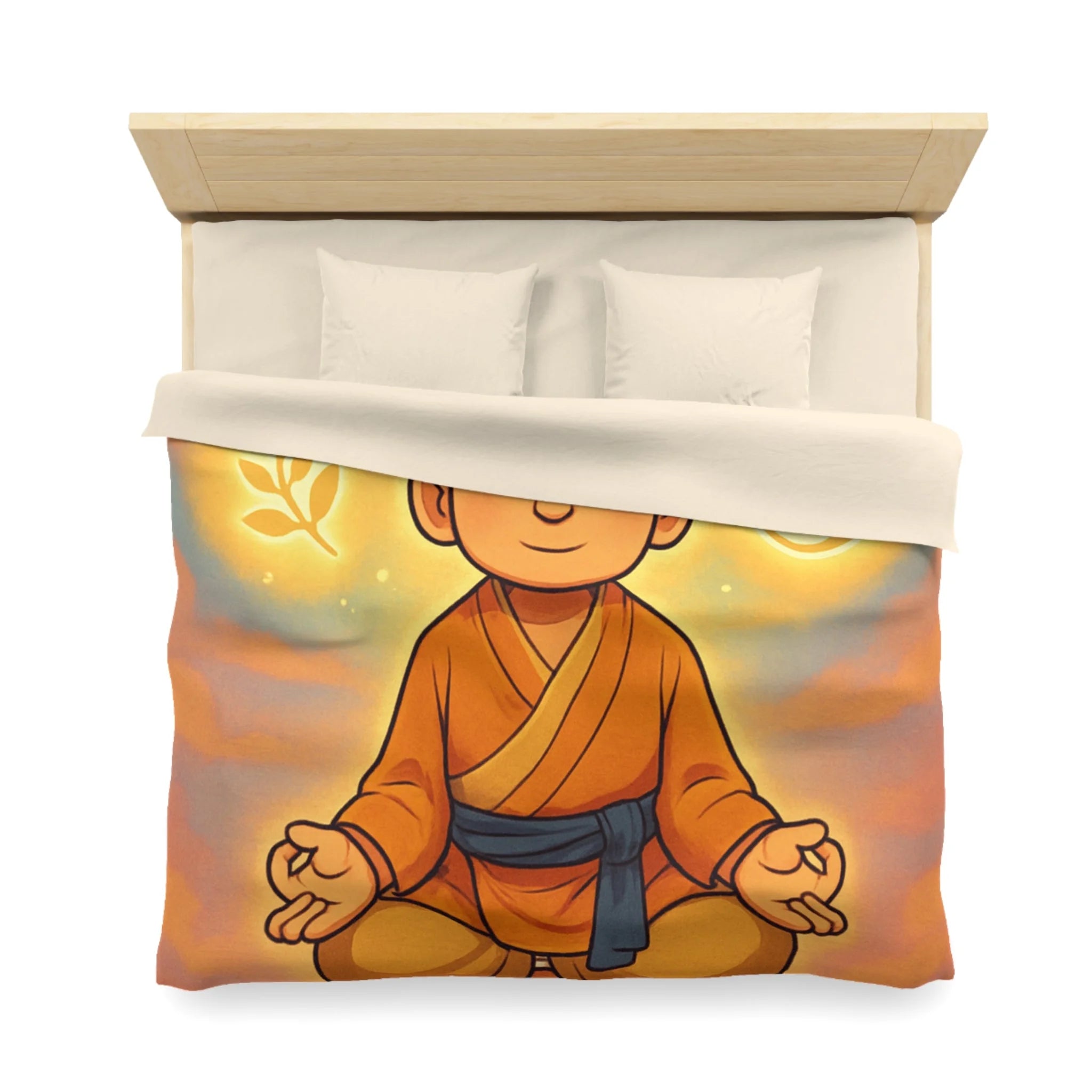 Housse de couette zen avec méditation, symboles spirituels, orange et bleu apaisant