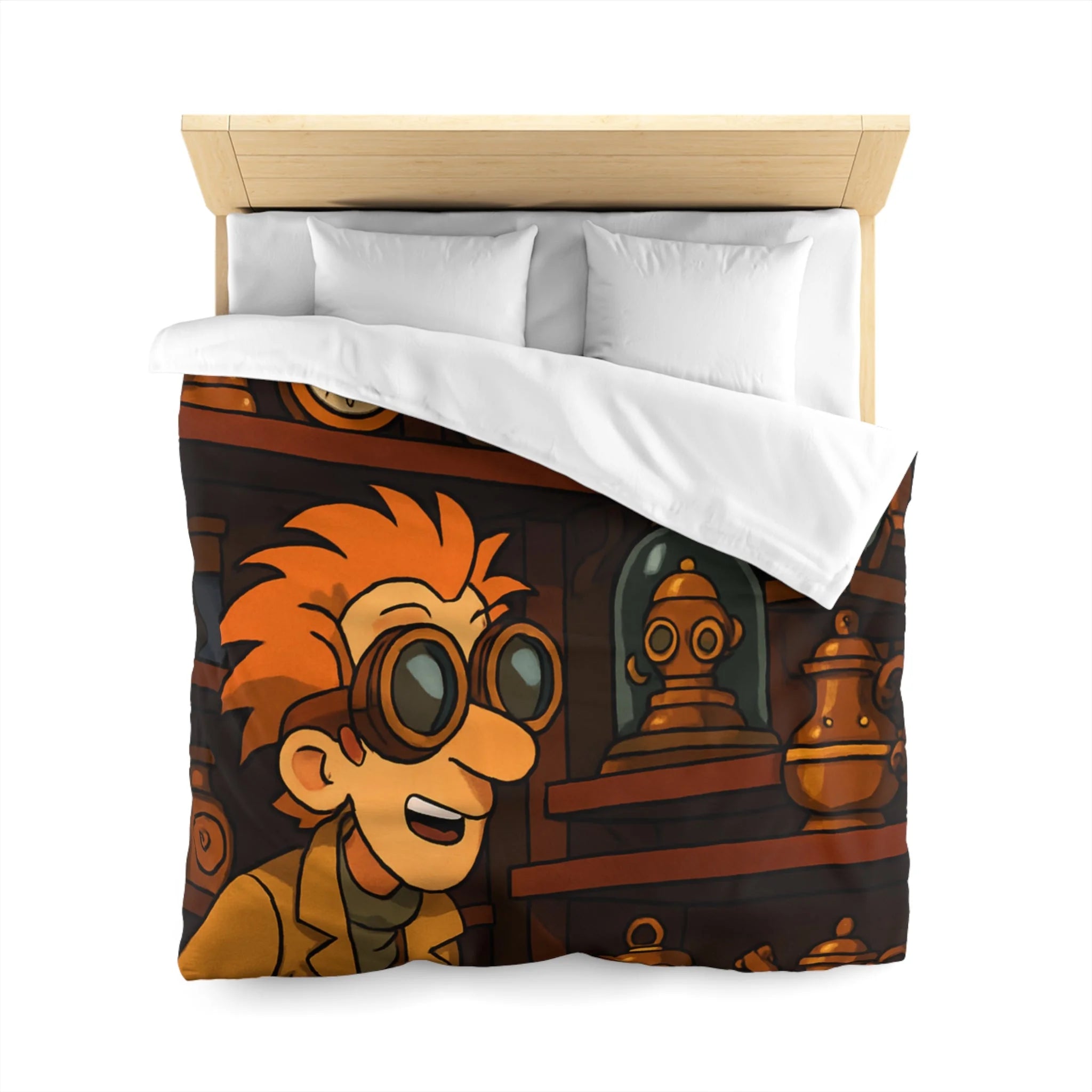Housse de couette steampunk avec engrenages dorés et inventeur aux lunettes futuristes