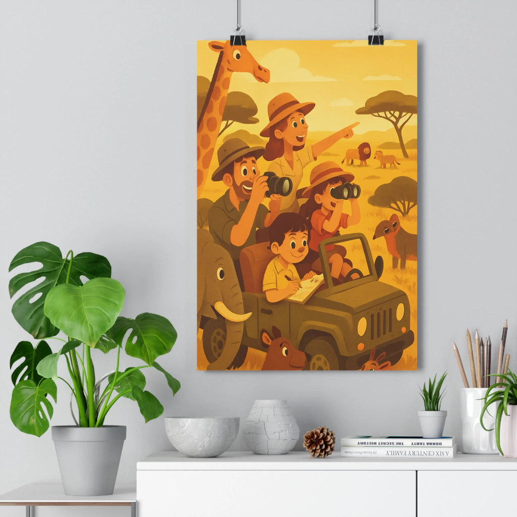 Poster décoratif safari aventure cartoon animaux savane joyeux enfant chambre salon couleurs chaudes ambiance