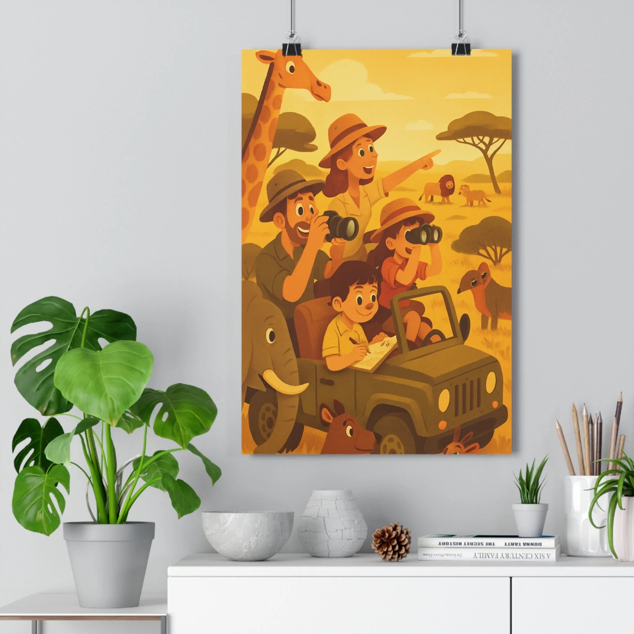 Poster décoratif safari aventure cartoon animaux savane joyeux enfant chambre salon couleurs chaudes ambiance