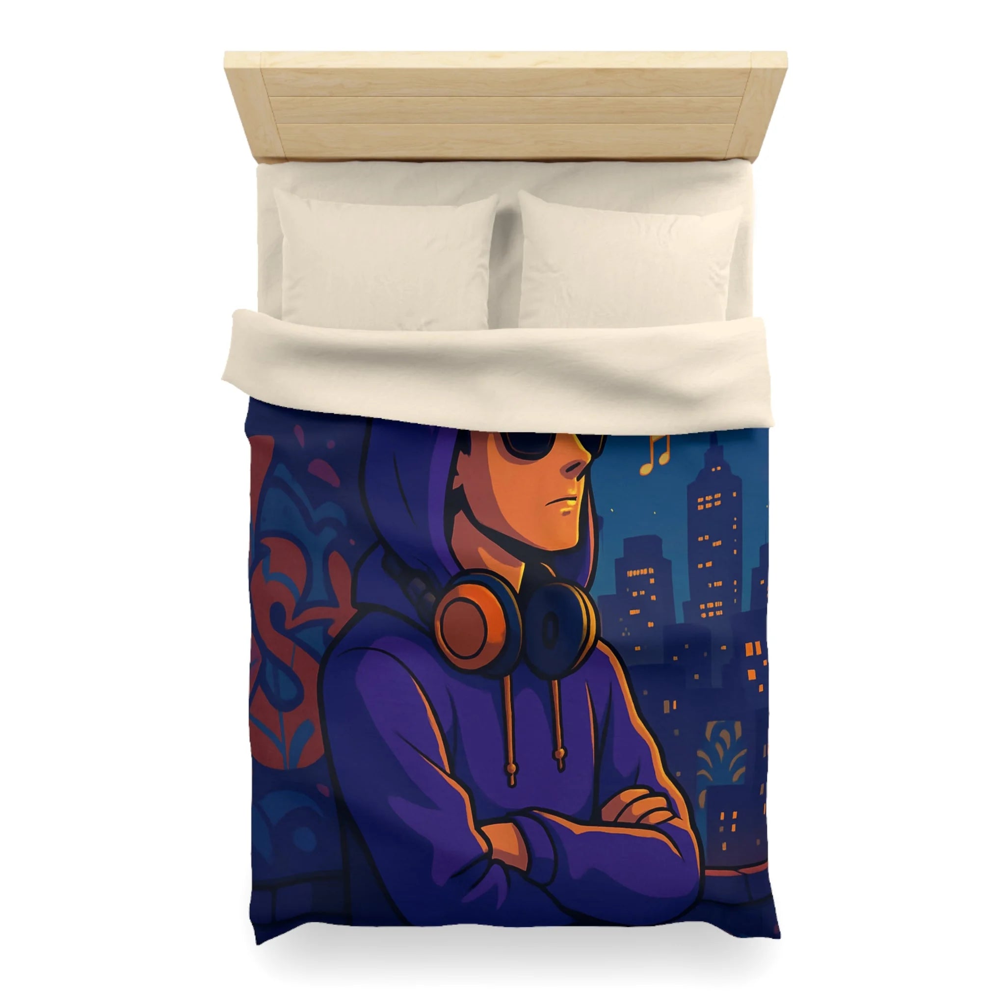 Housse de Couette Style Urbain avec Motifs Musique et Paysage Nocturne Animé