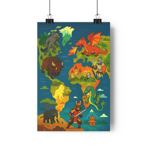 Poster fantastique continents bleus montagnes nuages dragon loups bisons éléphants lions chevalier maison château ambiances mystérieuses coloré cartoon chambre salon