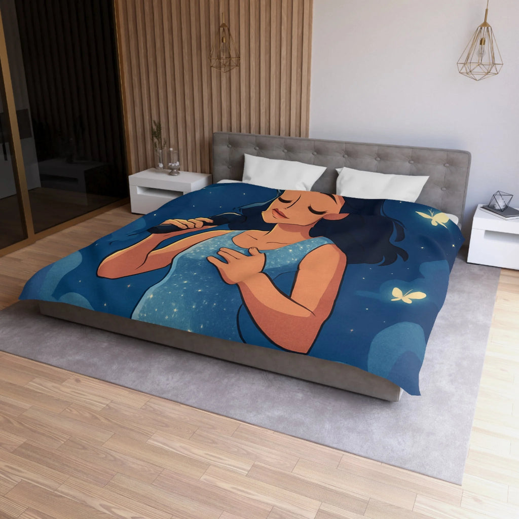 Housse de couette rêveuse avec chanteuse, papillons, lune et ciel étoilé bleu