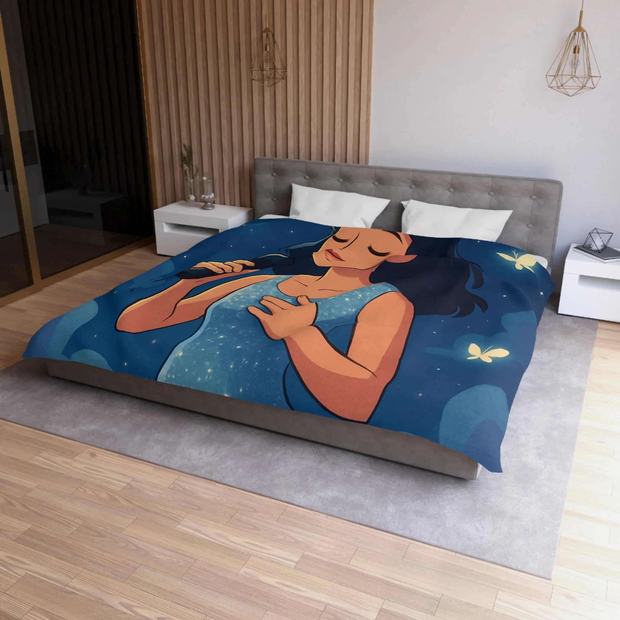 Housse de couette rêveuse avec chanteuse, papillons, lune et ciel étoilé bleu