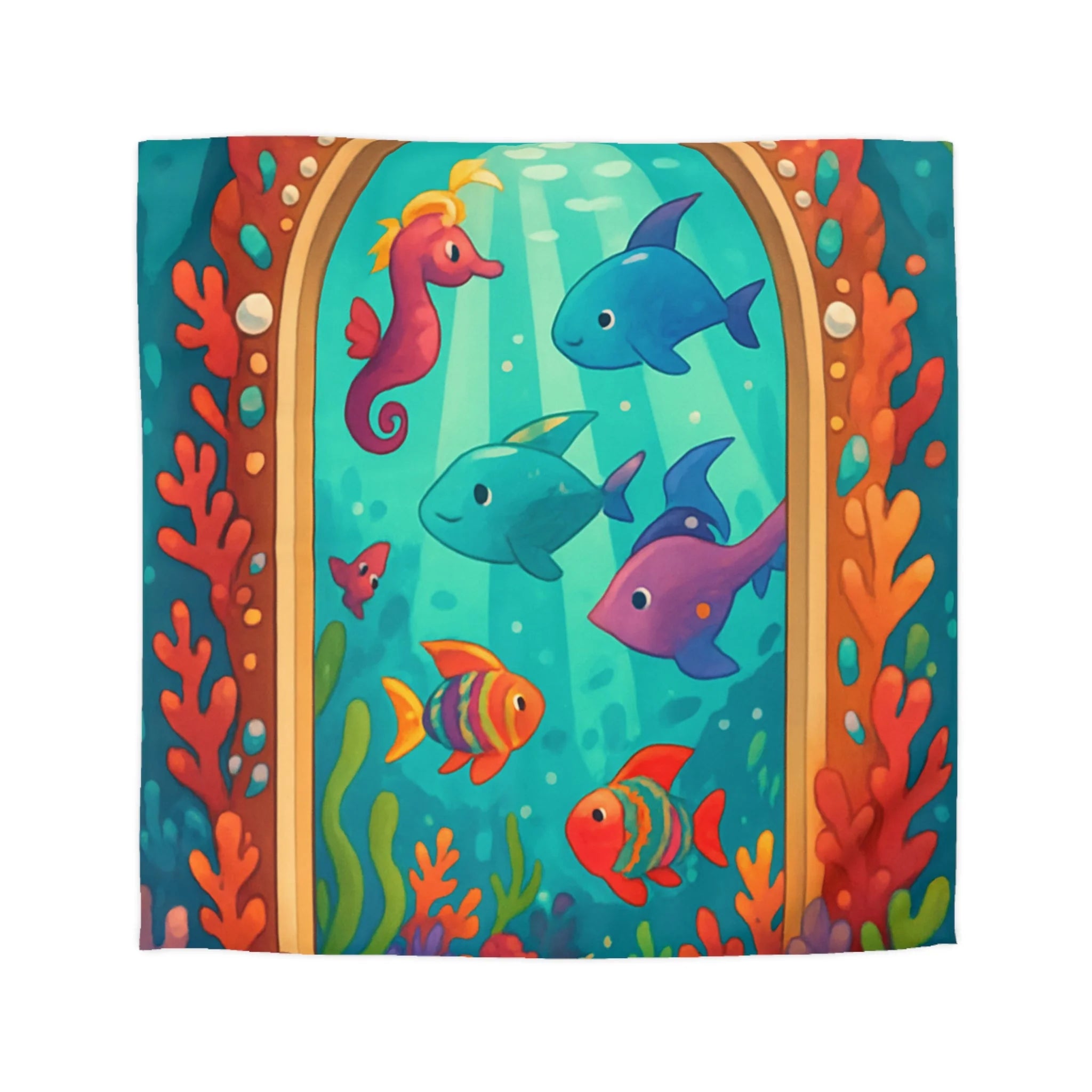 Housse de Couette Océanique avec Poissons Colorés, Coraux et Hippocampe Fantaisie Enchantés
