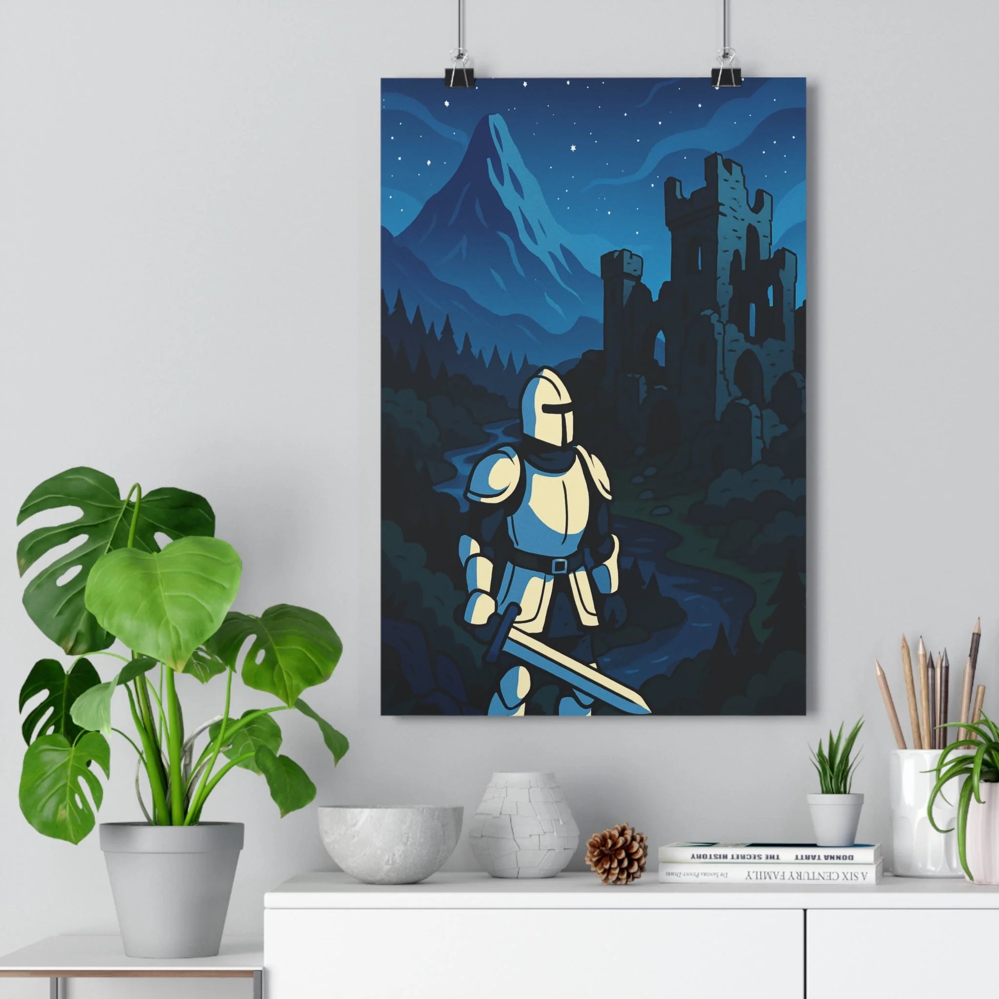 Poster décoratif chevalier monochrome cartoon aventure mystique noir blanc château nocturne épique 30x46 cm