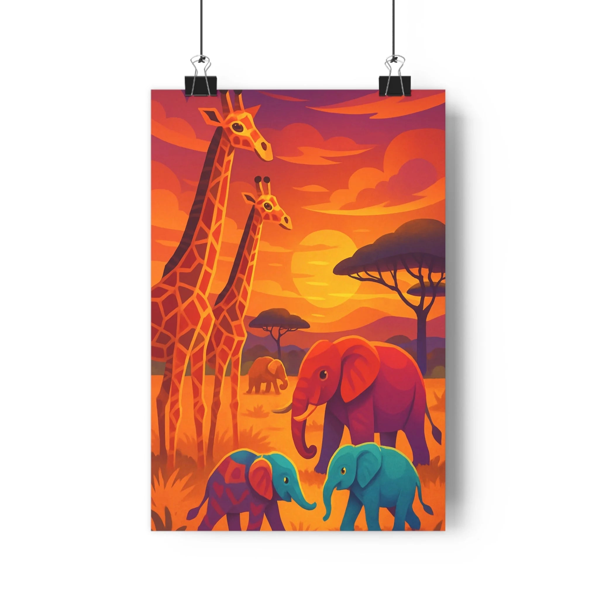 Poster décoratif savane sauvage girafes éléphants cartoon chaleureux dynamique enfants chambre coucher vibrant qualité