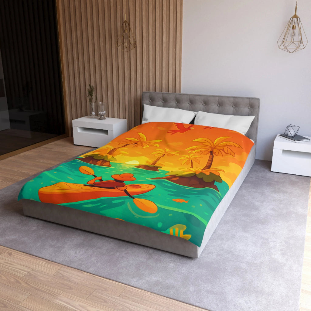 Housse de couette tropicale vibrante avec kayak, palmiers et perroquets au coucher de soleil