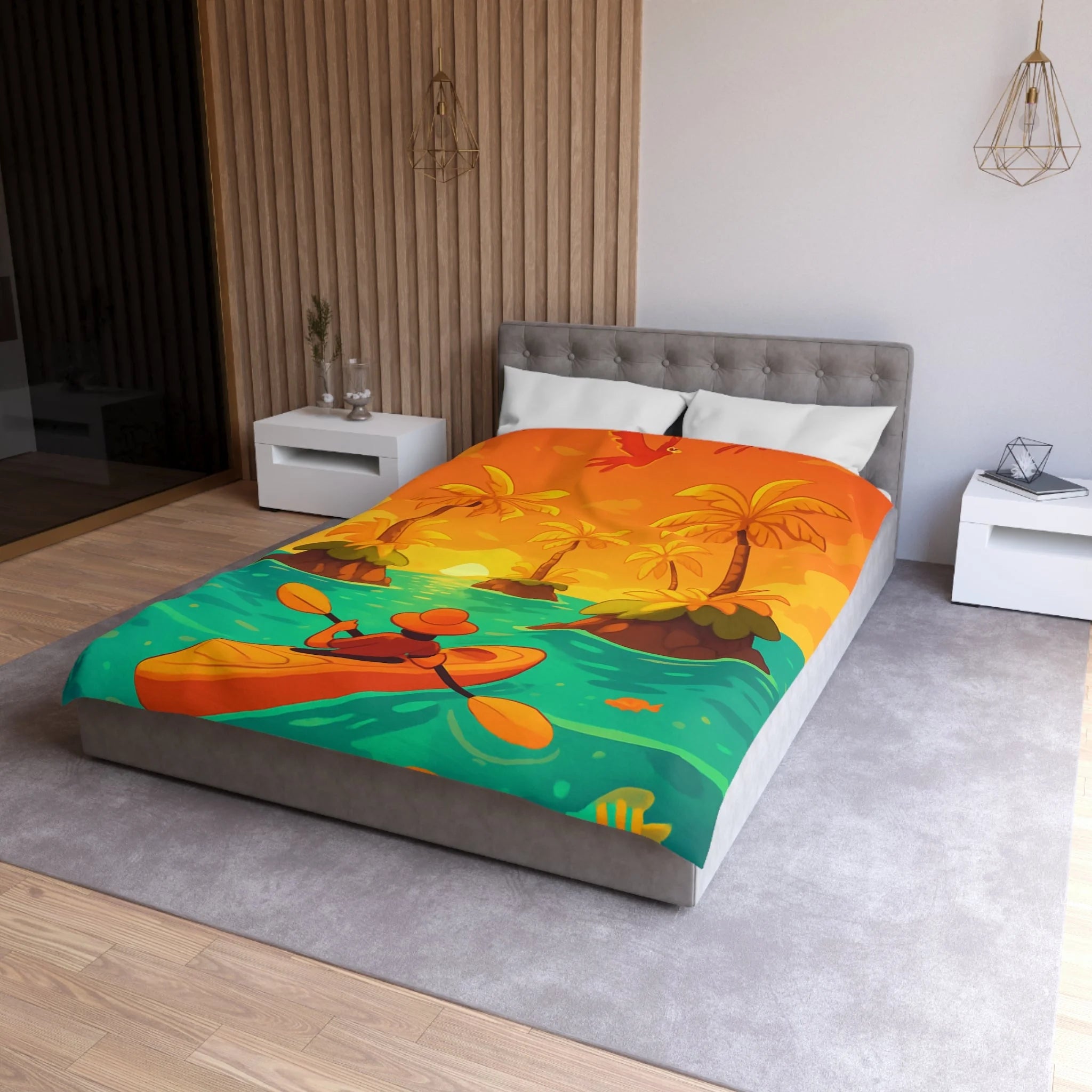 Housse de couette tropicale vibrante avec kayak, palmiers et perroquets au coucher de soleil
