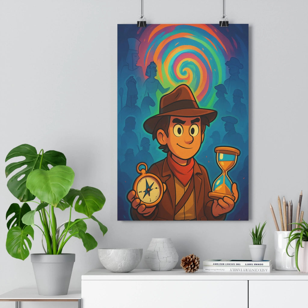Poster décoratif aventure voyageur temporel sablier boussole bleu orange vert mystique chambre salon bureau