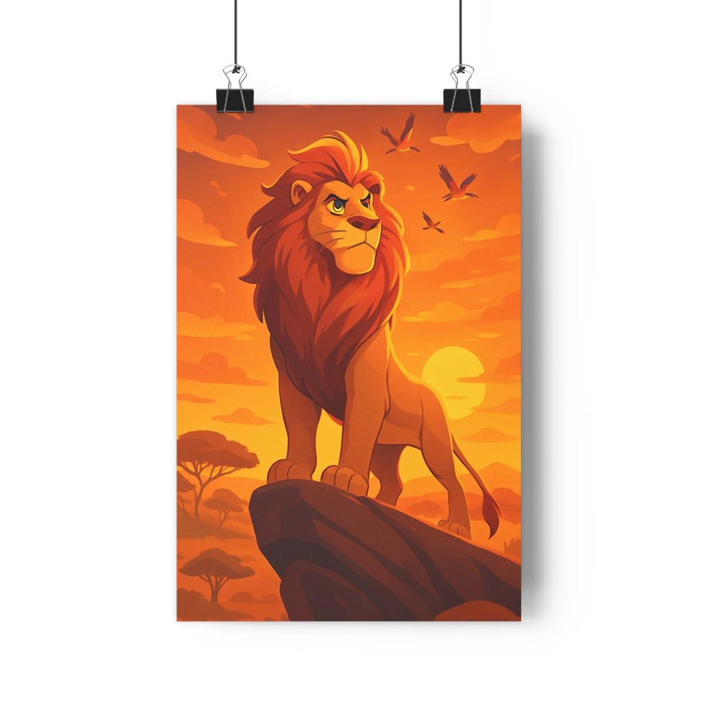 Poster décoratif lion savane coucher soleil orangé chaleureux majestueux nature salon chambre intérieur élégant