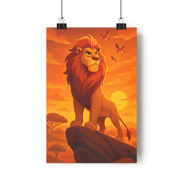 Poster lion majestueux savane coucher soleil oiseaux arbres verts style graphique simple couleurs chaudes ambiance paisible salon chambre intérieur