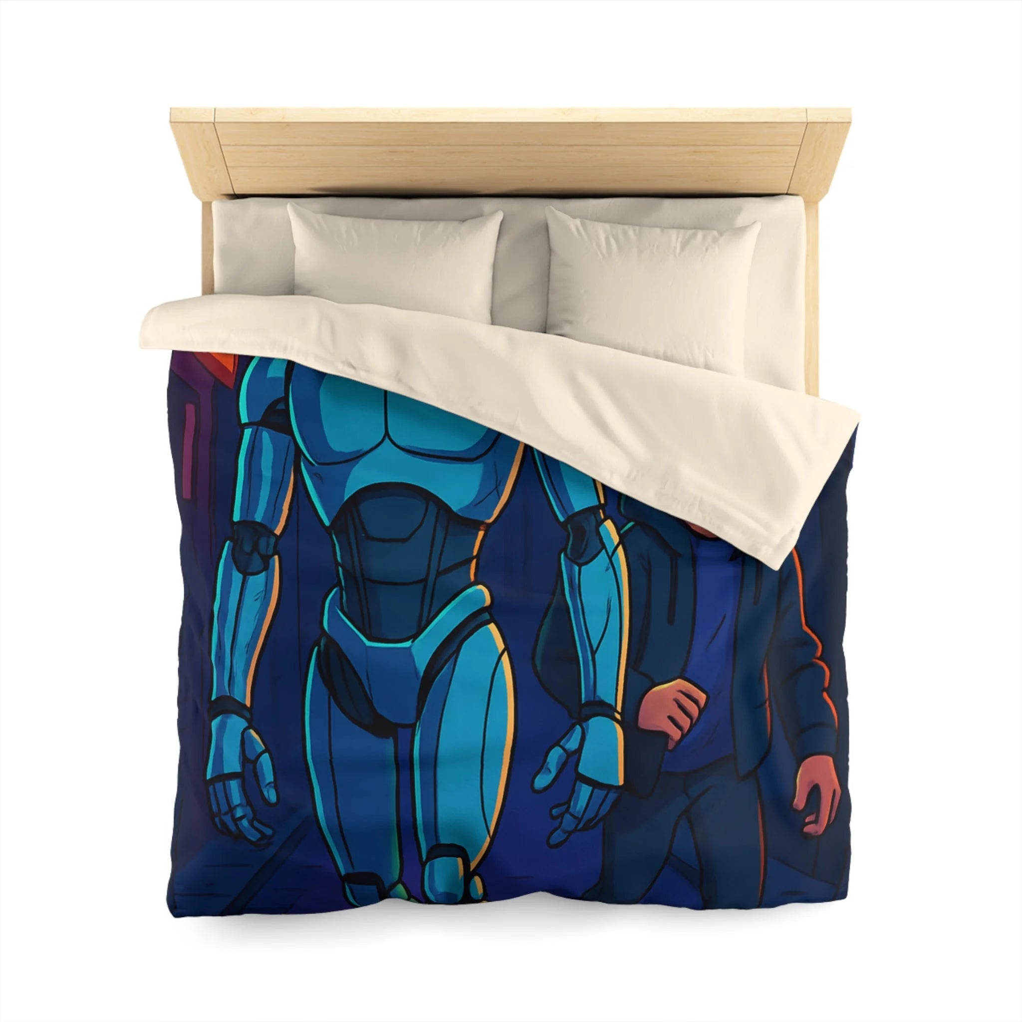 Housse de couette moderne avec illustration néon de robot et jeune avec lunettes lumineuses