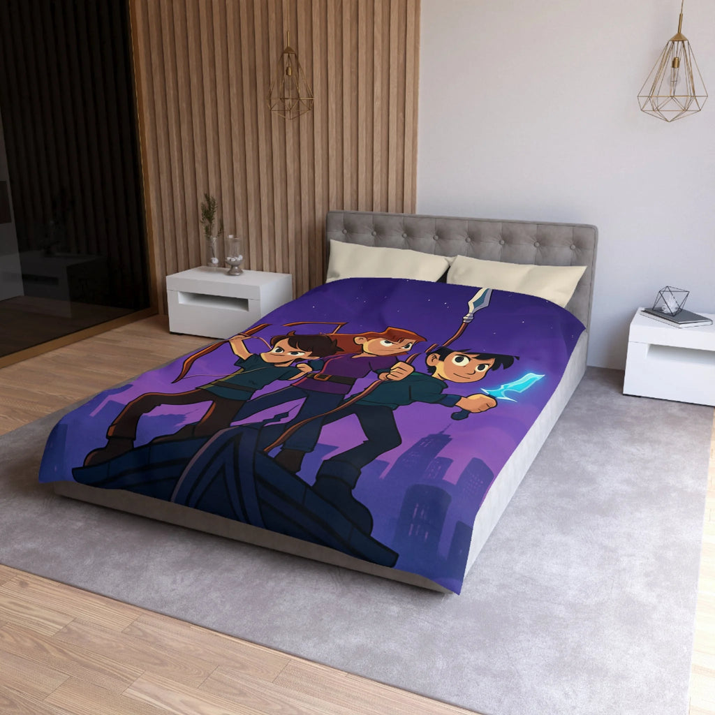 Housse de couette urbaine illustrée, ambiance aventure mystique avec enfants et armes