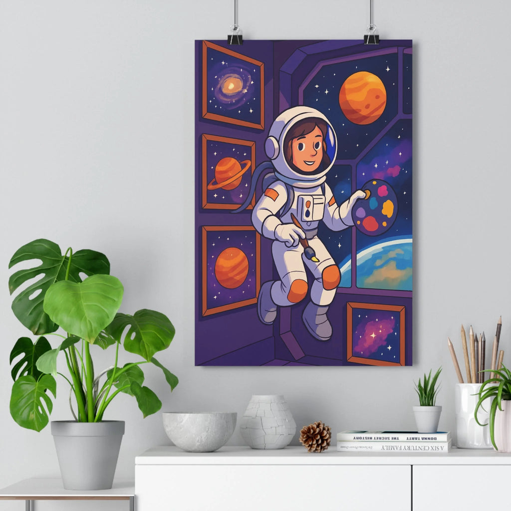 Poster décoratif astronaute flottant coloré animé cosmos joyeux chambre enfant moderne galaxie créativité tableau