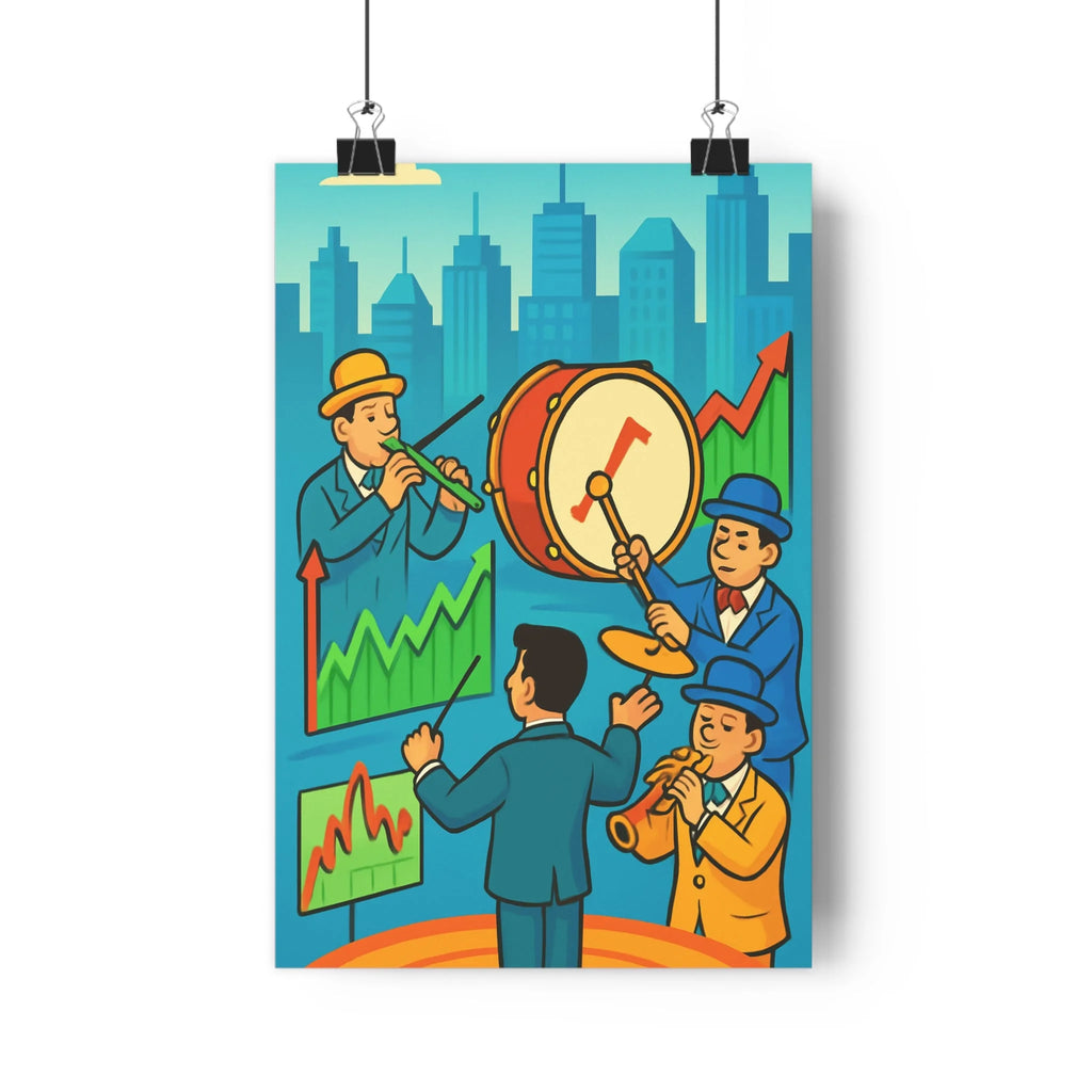 Poster décoratif cartoon surréaliste multicolore vibrant bureau salon art moderne ambiance dynamique orchestrale qualité