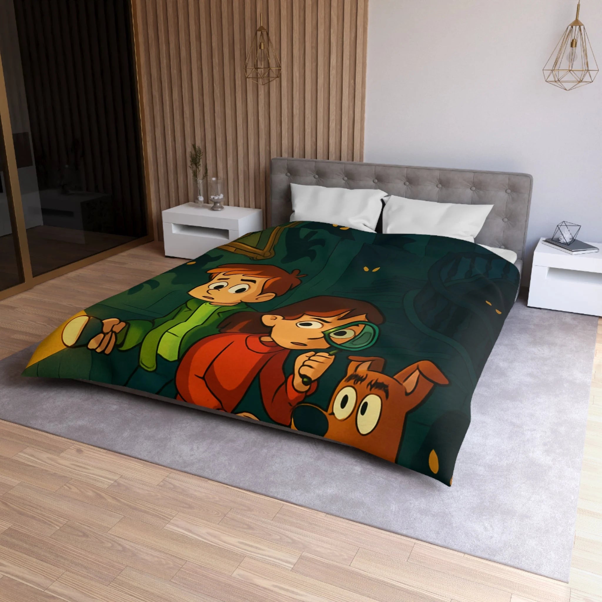 Housse de Couette Mystère Enfantine avec Chien Détective et Enfants Explorateurs