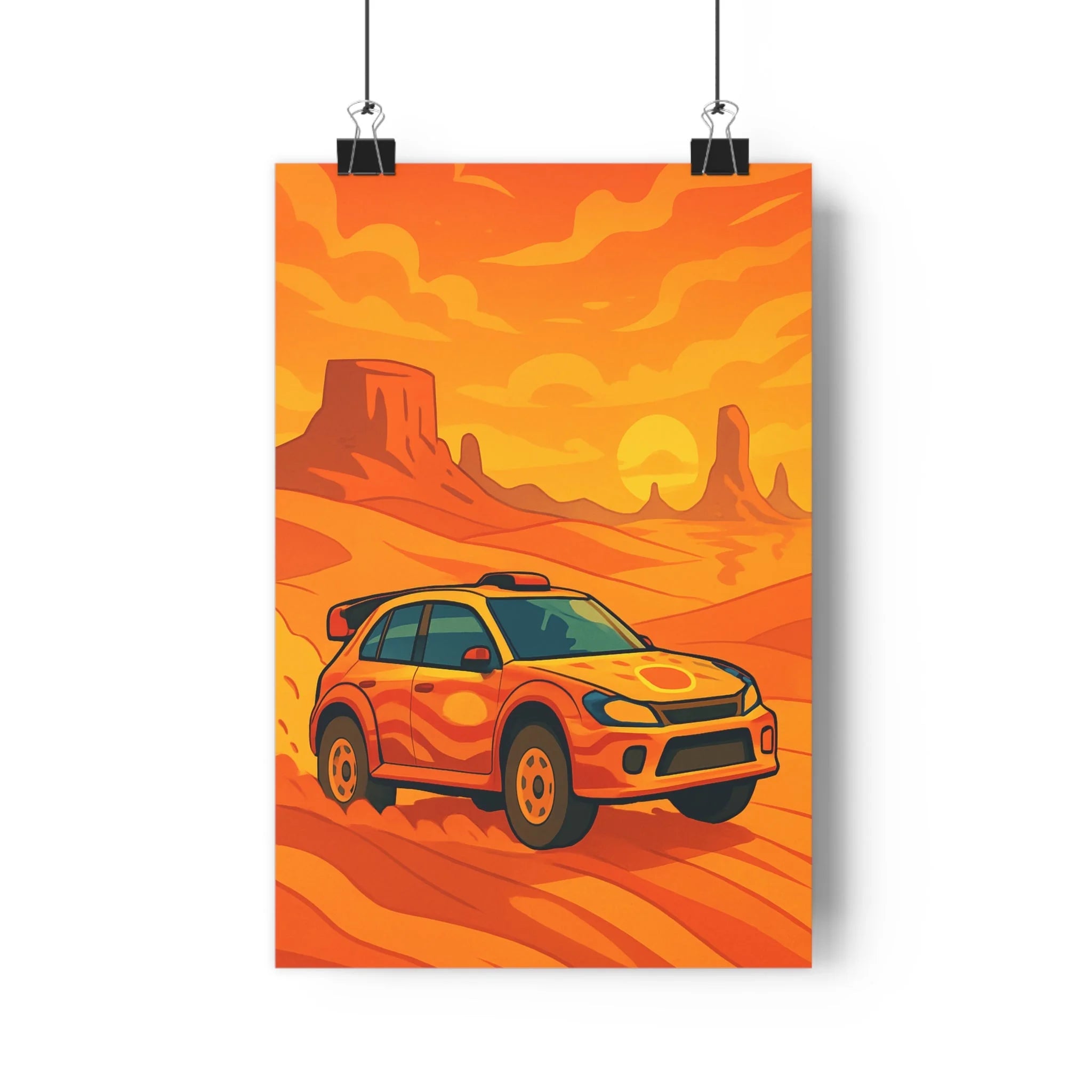 Poster décoratif aventure voiture désert rouge jaune coucher soleil dynamique moderne salon chambre tendance