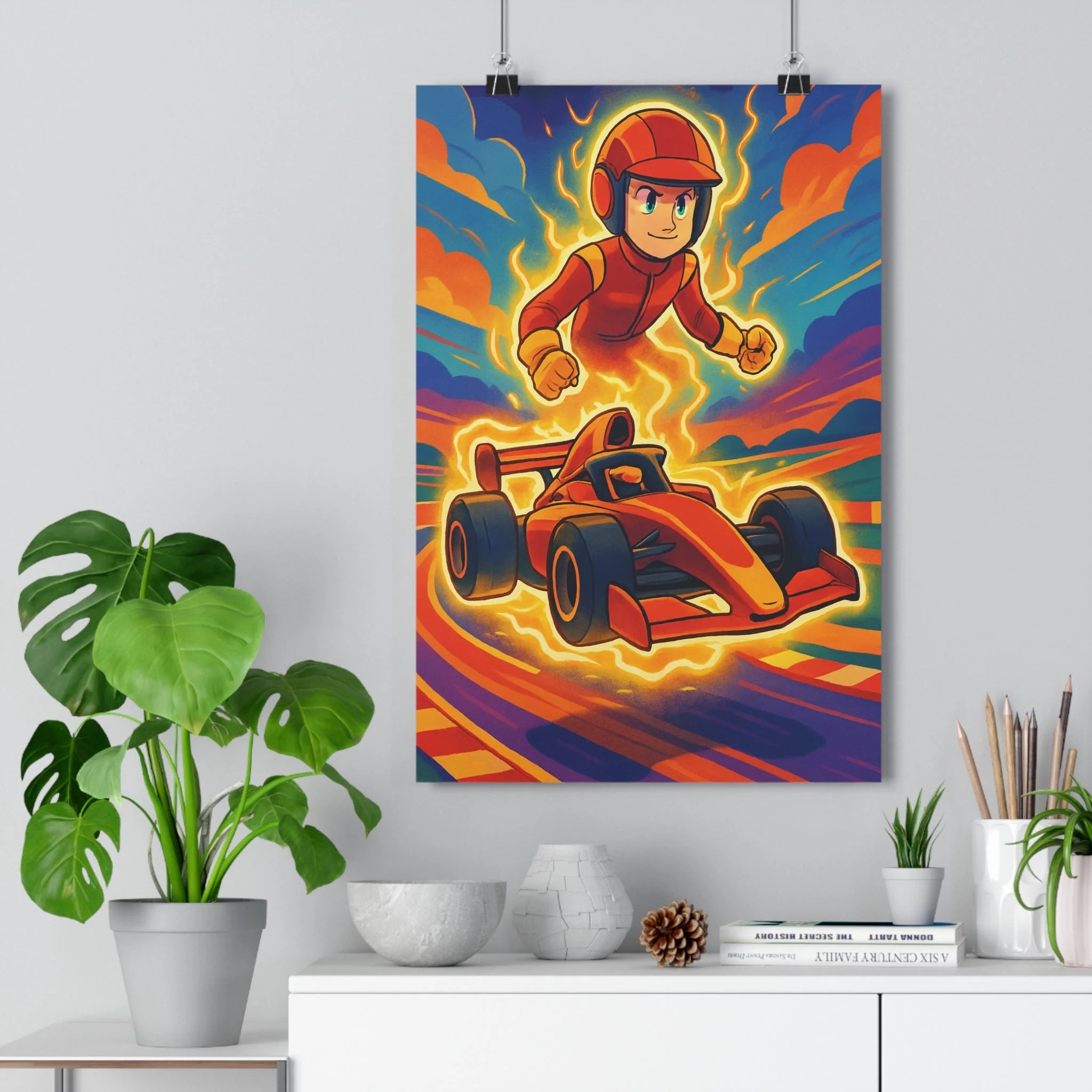 Poster décoratif cartoon rouge orange bleu dynamique chambre enfant énergie moderne pilote voiture qualité
