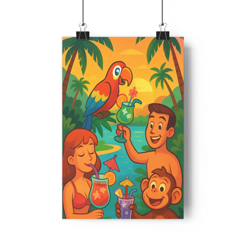 Poster décoratif cartoon tropical vert bleu joyeux salon chambre festif coloré vibrant lumineux décoration