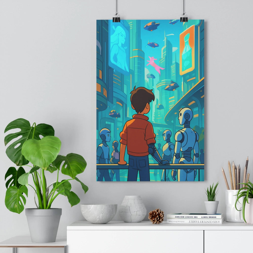 Poster décoratif futuriste bleu orange urbain salon bureau anime cyberpunk dynamique lumière moderne vibrant