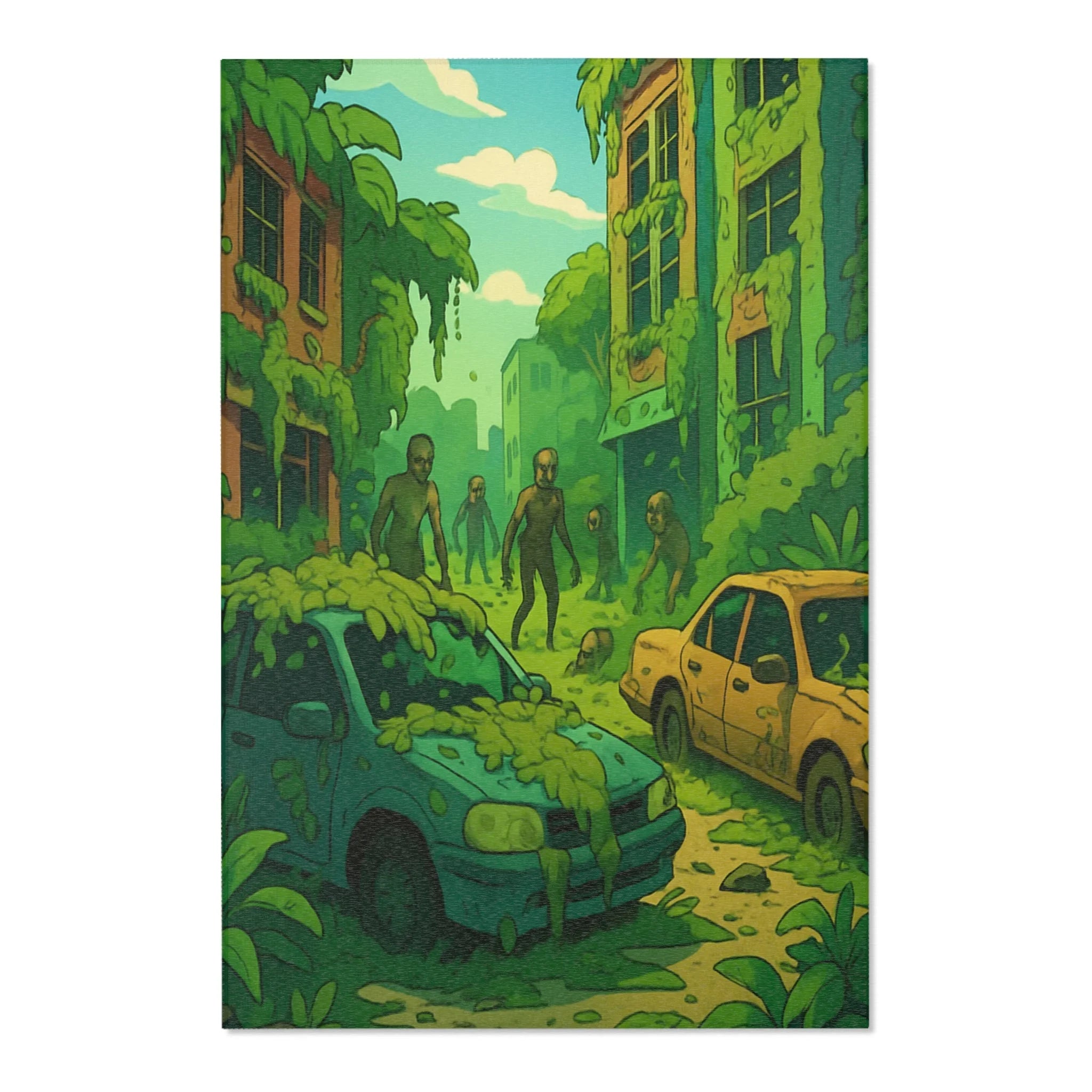 Tapis Décoratif Vert Nature Apocalyptique avec Motifs de Ville Abandonnée et Végétation Luxuriante
