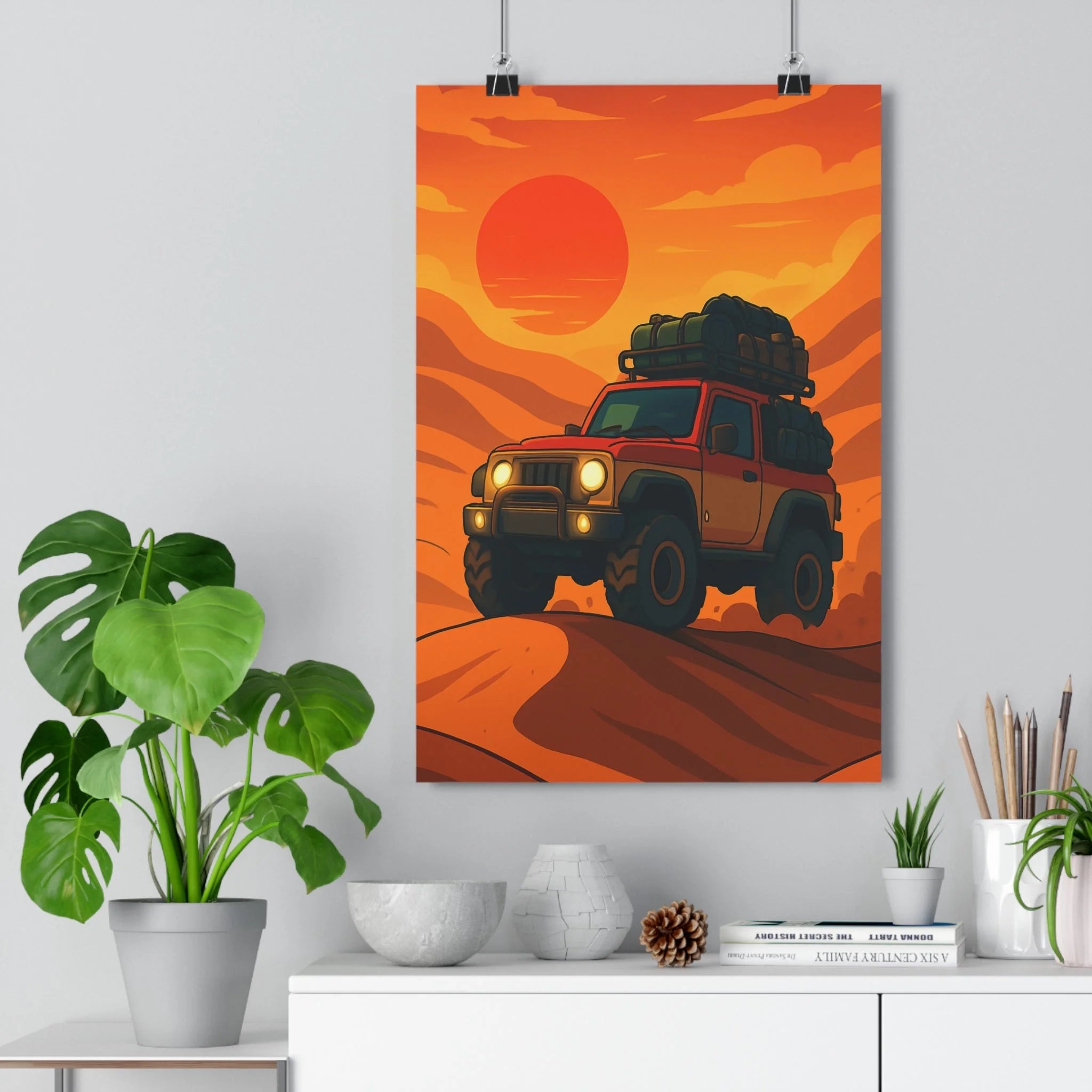 Poster décoratif aventure désert voiture cartoon couleurs chaudes intérieur évasion dynamique aventure style 30x46