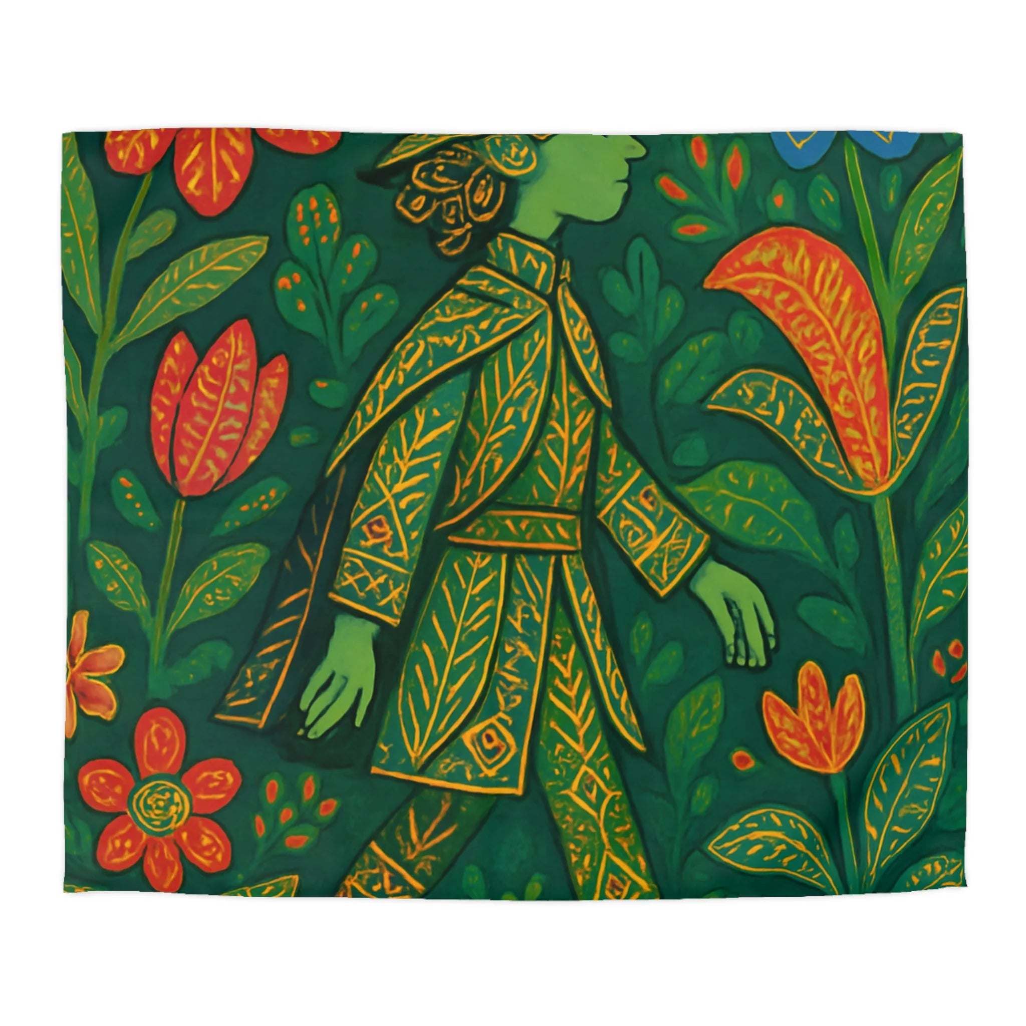 Housse de couette vibrante avec motif botanique et personnage en marche serein