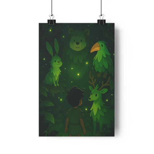 Poster enfant foret nuit animaux verte lumière fluo mystique sereine aventure cartoon expressions simplicité chambre-décoration