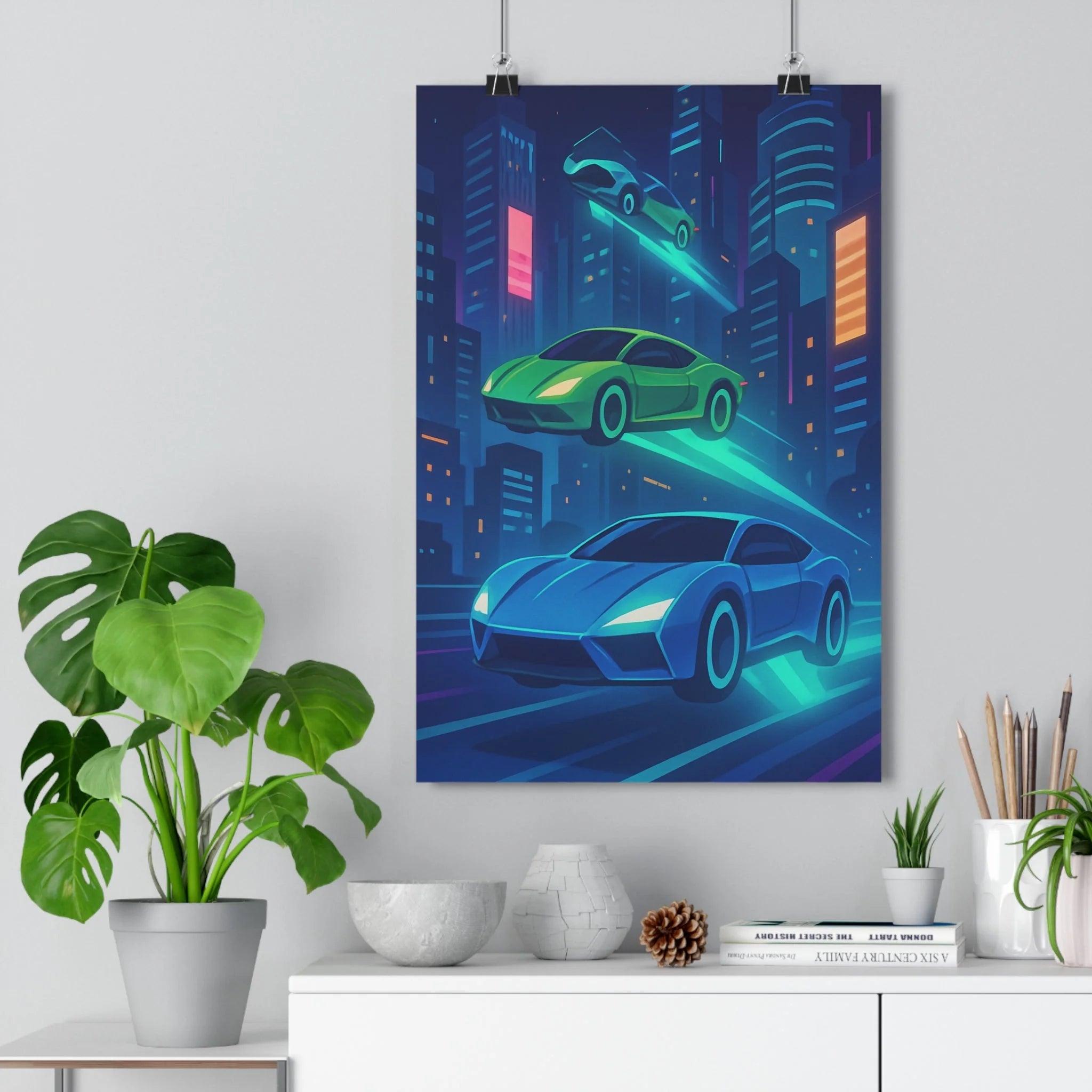 Poster décoratif futuriste néon bleu vert cartoon dynamique chambre bureau moderne 30x46 cm art