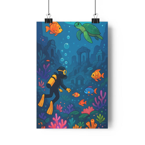 Poster plongeur poissons tortue coraux bulles océan bleu vert rouge cartoon vivant structure rocheuse plantes aquatiques ambiance fascinante chambre salon