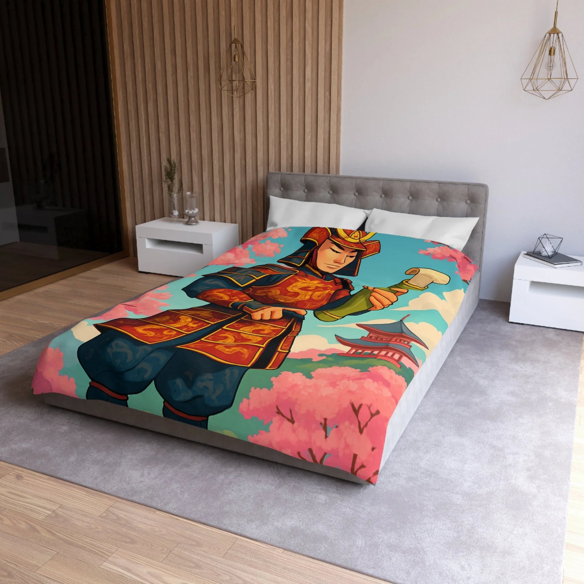 Housse de Couette Samouraï Japonais avec Armure Traditionnelle et Cerisiers en Fleurs