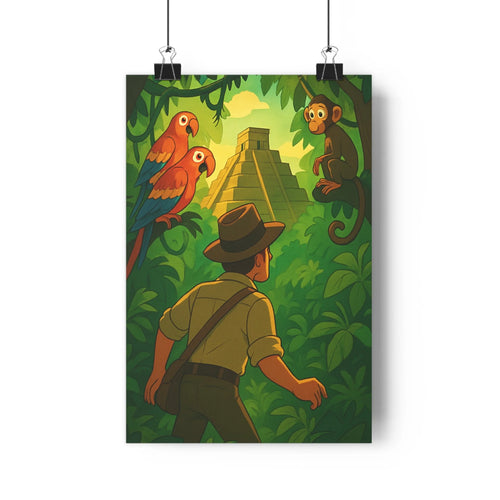Poster jungle explorateur oiseaux singe pyramide couchant végétation verdure bleu rouge cartoon mystère salon chambre