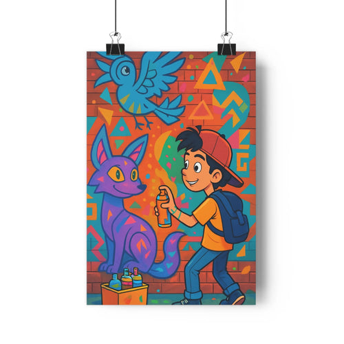 Poster garçon peinture renard bleu violet motifs géométriques briques ambiance joyeuse créative chambre bureau