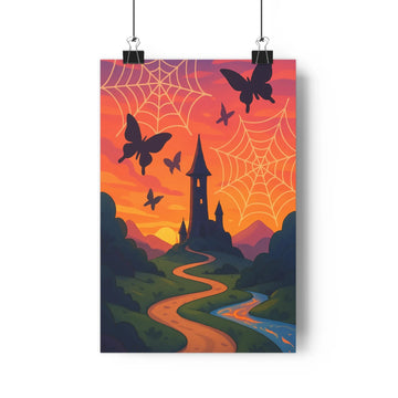 Poster fantastique château papillons araignées coucher soleil chemin rivière verte bleu rouge mystère élégance moderne salon chambre
