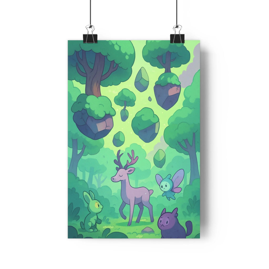 Poster décoratif fantaisie animaux forêt magique violet vert cartoon enfant mystérieux coloré ambiance artistique