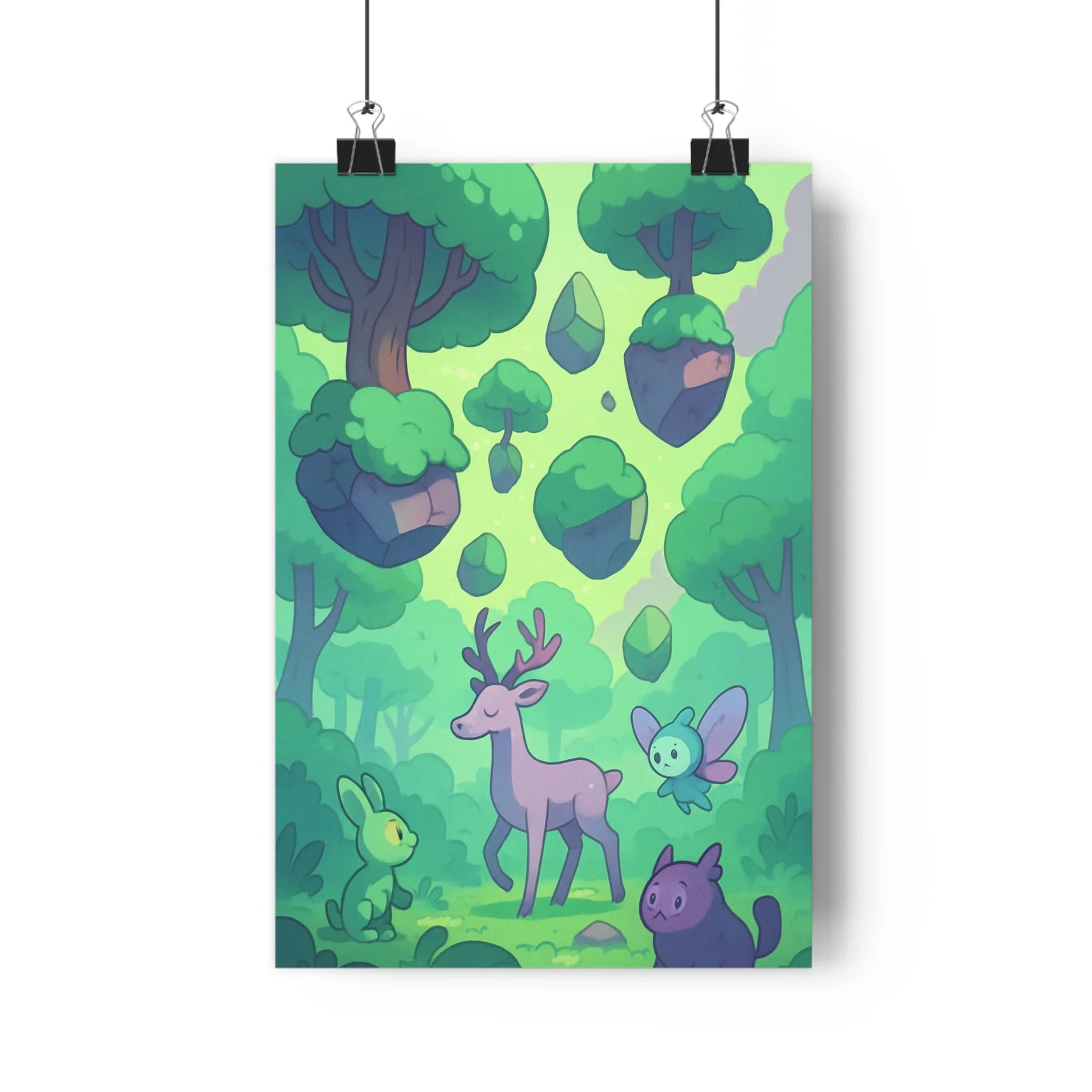 Poster décoratif fantaisie animaux forêt magique violet vert cartoon enfant mystérieux coloré ambiance artistique