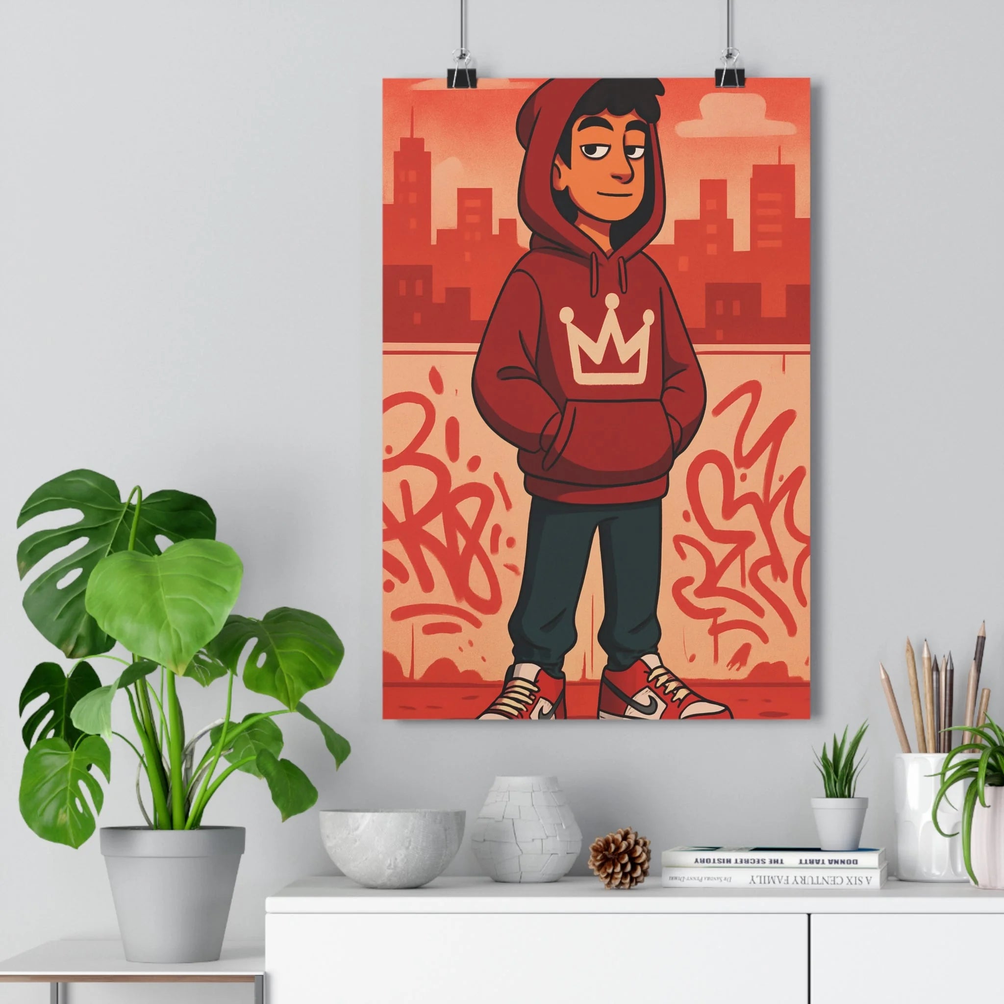 Poster décoratif urbain rouge orange cartoon dynamique moderne salon chambre style graffiti artistique qualité