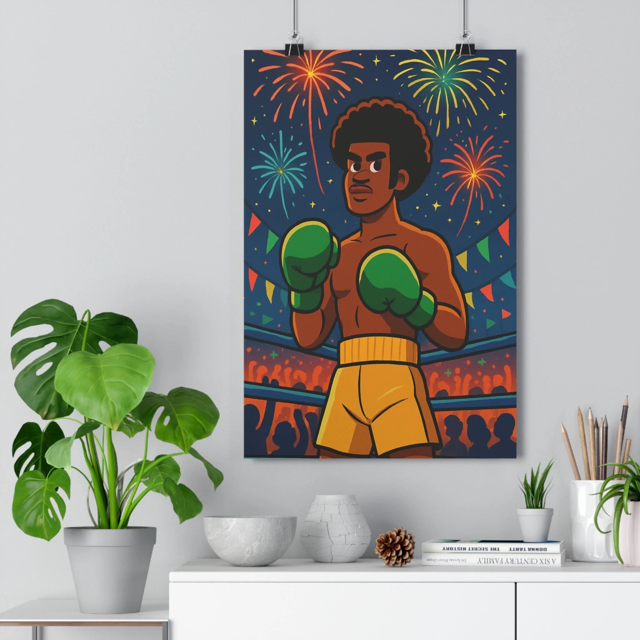 Poster décoratif boxeur jaune vert dynamique cartoon festif salle sport chambre 30x46 vibrant motivant